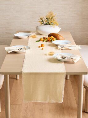 Quince European Linen Fringed Table Runner Natural Ivory 16X108